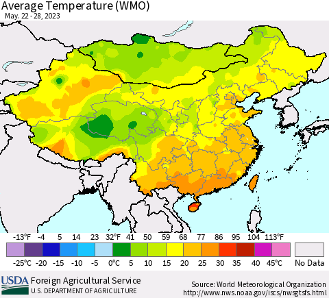 China, Mongolia and Taiwan Average Temperature (WMO) Thematic Map For 5/22/2023 - 5/28/2023