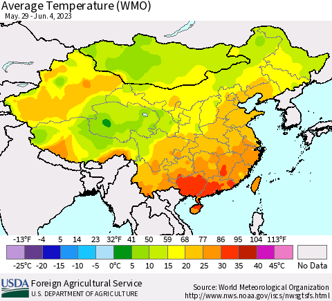 China, Mongolia and Taiwan Average Temperature (WMO) Thematic Map For 5/29/2023 - 6/4/2023