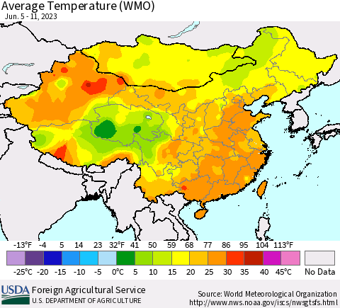 China, Mongolia and Taiwan Average Temperature (WMO) Thematic Map For 6/5/2023 - 6/11/2023