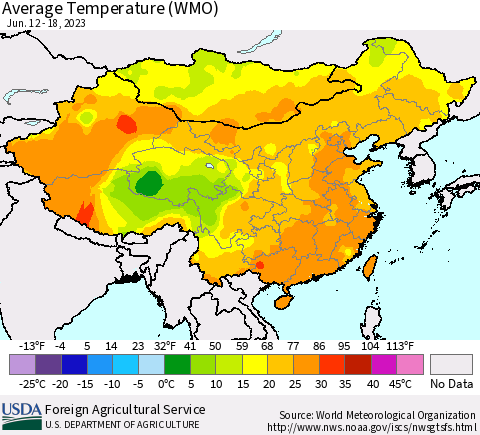 China, Mongolia and Taiwan Average Temperature (WMO) Thematic Map For 6/12/2023 - 6/18/2023