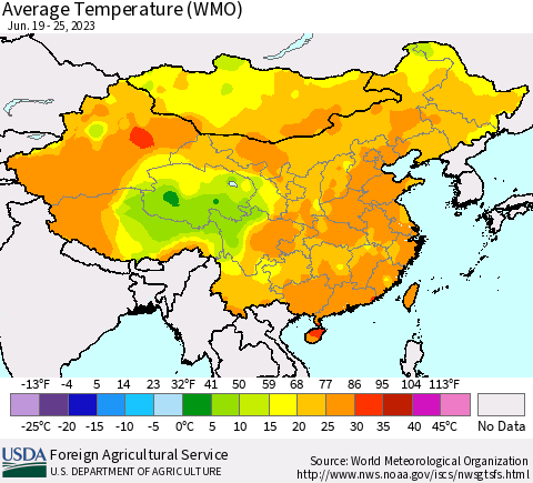 China, Mongolia and Taiwan Average Temperature (WMO) Thematic Map For 6/19/2023 - 6/25/2023