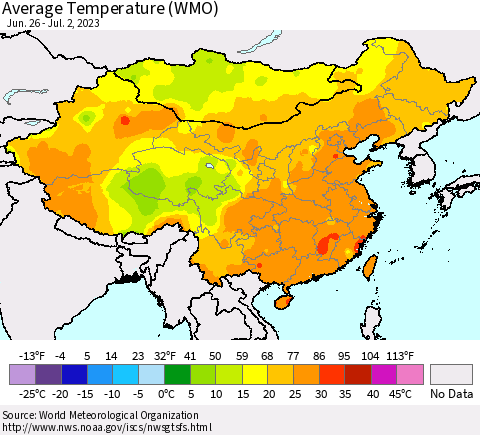 China, Mongolia and Taiwan Average Temperature (WMO) Thematic Map For 6/26/2023 - 7/2/2023