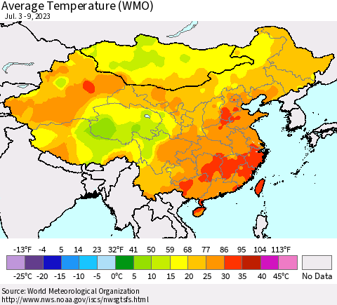 China, Mongolia and Taiwan Average Temperature (WMO) Thematic Map For 7/3/2023 - 7/9/2023