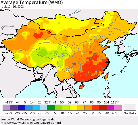 China, Mongolia and Taiwan Average Temperature (WMO) Thematic Map For 7/10/2023 - 7/16/2023