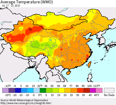 China, Mongolia and Taiwan Average Temperature (WMO) Thematic Map For 7/17/2023 - 7/23/2023