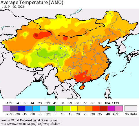 China, Mongolia and Taiwan Average Temperature (WMO) Thematic Map For 7/24/2023 - 7/30/2023