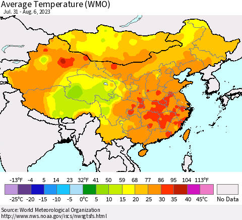 China, Mongolia and Taiwan Average Temperature (WMO) Thematic Map For 7/31/2023 - 8/6/2023