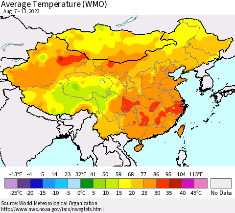 China, Mongolia and Taiwan Average Temperature (WMO) Thematic Map For 8/7/2023 - 8/13/2023