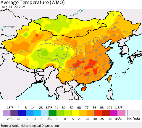 China, Mongolia and Taiwan Average Temperature (WMO) Thematic Map For 8/14/2023 - 8/20/2023