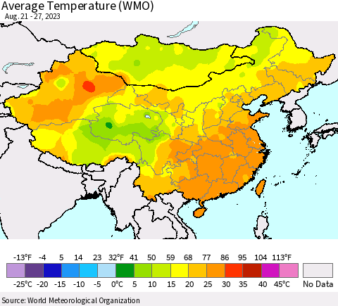 China, Mongolia and Taiwan Average Temperature (WMO) Thematic Map For 8/21/2023 - 8/27/2023