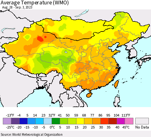China, Mongolia and Taiwan Average Temperature (WMO) Thematic Map For 8/28/2023 - 9/3/2023