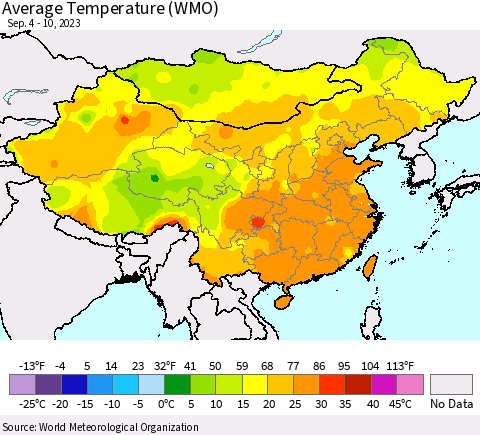 China, Mongolia and Taiwan Average Temperature (WMO) Thematic Map For 9/4/2023 - 9/10/2023