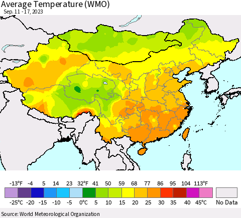 China, Mongolia and Taiwan Average Temperature (WMO) Thematic Map For 9/11/2023 - 9/17/2023