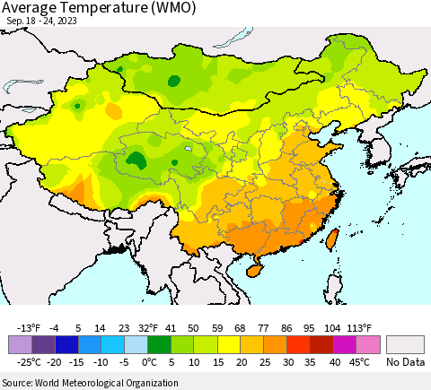 China, Mongolia and Taiwan Average Temperature (WMO) Thematic Map For 9/18/2023 - 9/24/2023