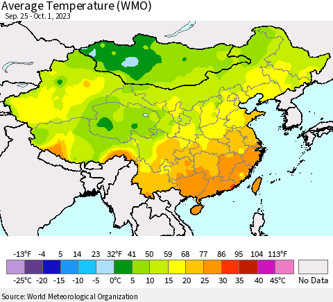 China, Mongolia and Taiwan Average Temperature (WMO) Thematic Map For 9/25/2023 - 10/1/2023