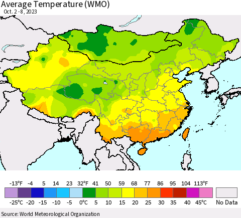 China, Mongolia and Taiwan Average Temperature (WMO) Thematic Map For 10/2/2023 - 10/8/2023
