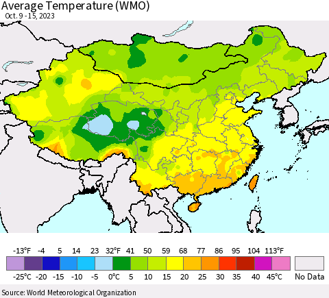 China, Mongolia and Taiwan Average Temperature (WMO) Thematic Map For 10/9/2023 - 10/15/2023