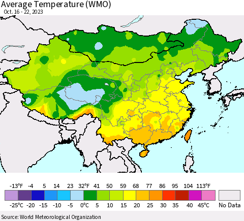 China, Mongolia and Taiwan Average Temperature (WMO) Thematic Map For 10/16/2023 - 10/22/2023