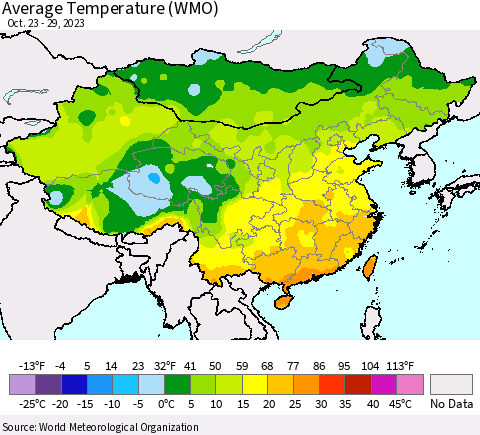 China, Mongolia and Taiwan Average Temperature (WMO) Thematic Map For 10/23/2023 - 10/29/2023
