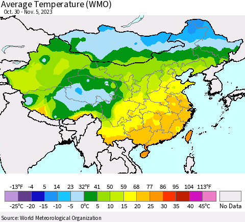 China, Mongolia and Taiwan Average Temperature (WMO) Thematic Map For 10/30/2023 - 11/5/2023