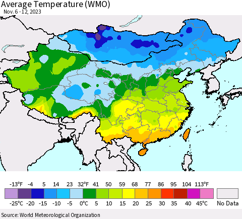 China, Mongolia and Taiwan Average Temperature (WMO) Thematic Map For 11/6/2023 - 11/12/2023