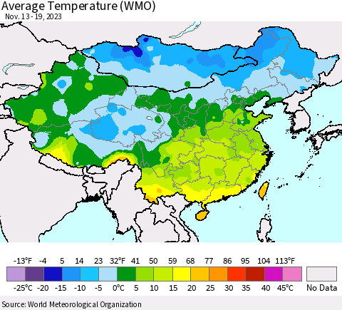 China, Mongolia and Taiwan Average Temperature (WMO) Thematic Map For 11/13/2023 - 11/19/2023