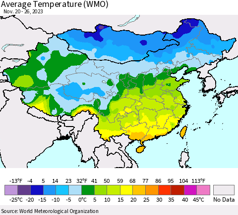 China, Mongolia and Taiwan Average Temperature (WMO) Thematic Map For 11/20/2023 - 11/26/2023
