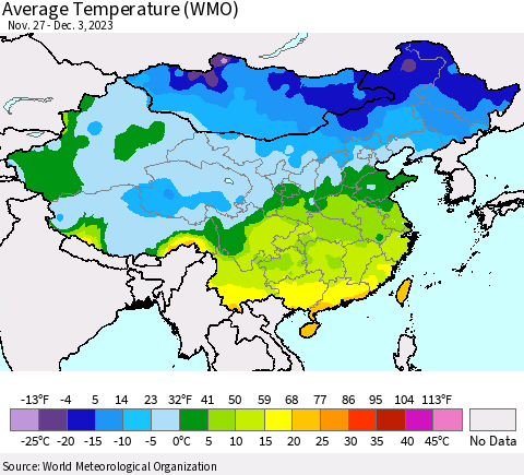 China, Mongolia and Taiwan Average Temperature (WMO) Thematic Map For 11/27/2023 - 12/3/2023