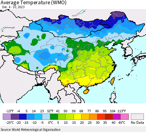 China, Mongolia and Taiwan Average Temperature (WMO) Thematic Map For 12/4/2023 - 12/10/2023