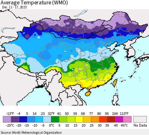 China, Mongolia and Taiwan Average Temperature (WMO) Thematic Map For 12/11/2023 - 12/17/2023