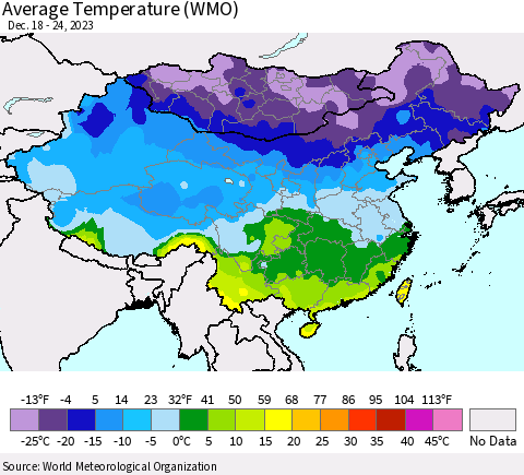 China, Mongolia and Taiwan Average Temperature (WMO) Thematic Map For 12/18/2023 - 12/24/2023
