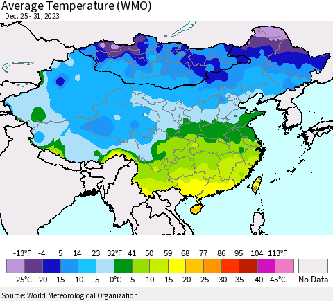 China, Mongolia and Taiwan Average Temperature (WMO) Thematic Map For 12/25/2023 - 12/31/2023