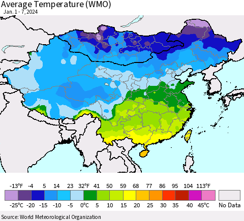 China, Mongolia and Taiwan Average Temperature (WMO) Thematic Map For 1/1/2024 - 1/7/2024