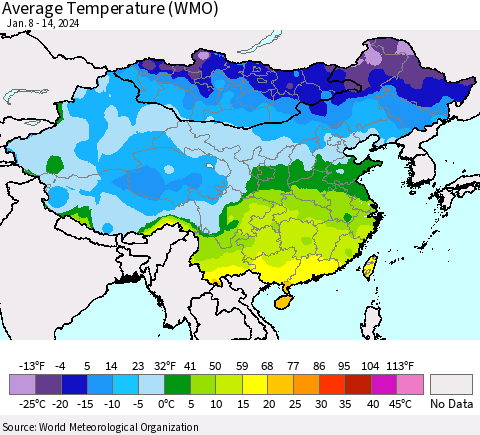 China, Mongolia and Taiwan Average Temperature (WMO) Thematic Map For 1/8/2024 - 1/14/2024
