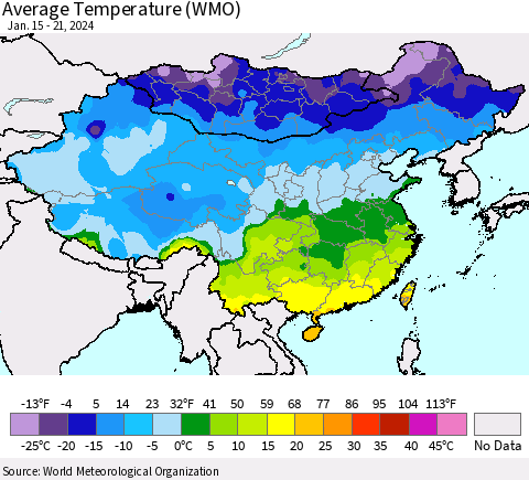 China, Mongolia and Taiwan Average Temperature (WMO) Thematic Map For 1/15/2024 - 1/21/2024