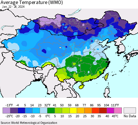 China, Mongolia and Taiwan Average Temperature (WMO) Thematic Map For 1/22/2024 - 1/28/2024
