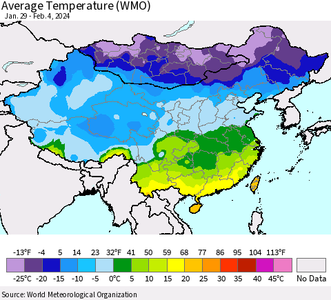 China, Mongolia and Taiwan Average Temperature (WMO) Thematic Map For 1/29/2024 - 2/4/2024