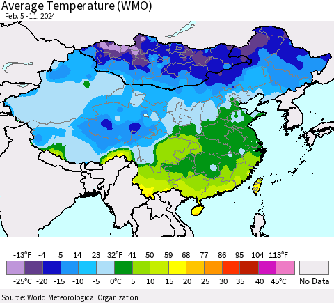 China, Mongolia and Taiwan Average Temperature (WMO) Thematic Map For 2/5/2024 - 2/11/2024