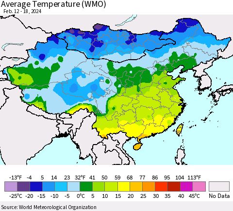 China, Mongolia and Taiwan Average Temperature (WMO) Thematic Map For 2/12/2024 - 2/18/2024