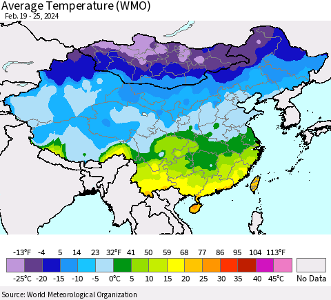 China, Mongolia and Taiwan Average Temperature (WMO) Thematic Map For 2/19/2024 - 2/25/2024