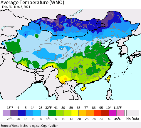 China, Mongolia and Taiwan Average Temperature (WMO) Thematic Map For 2/26/2024 - 3/3/2024