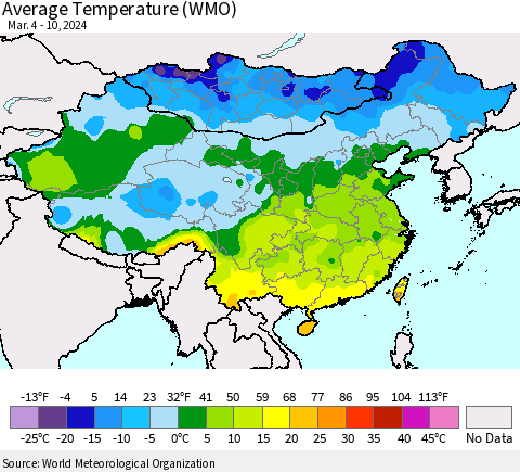 China, Mongolia and Taiwan Average Temperature (WMO) Thematic Map For 3/4/2024 - 3/10/2024