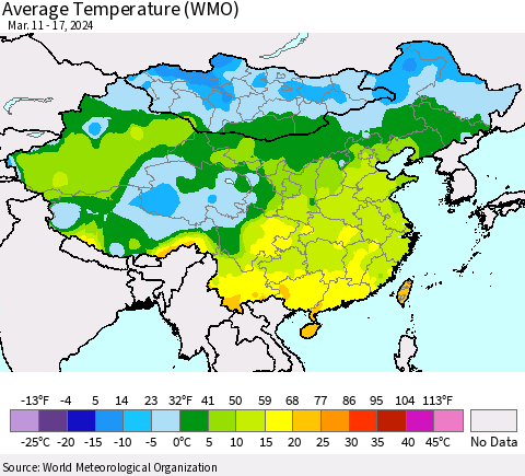 China, Mongolia and Taiwan Average Temperature (WMO) Thematic Map For 3/11/2024 - 3/17/2024