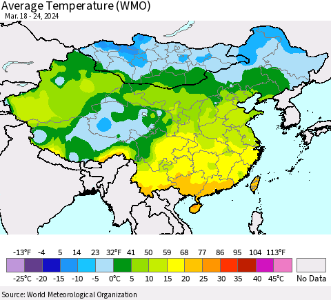 China, Mongolia and Taiwan Average Temperature (WMO) Thematic Map For 3/18/2024 - 3/24/2024