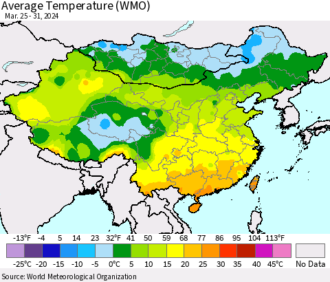 China, Mongolia and Taiwan Average Temperature (WMO) Thematic Map For 3/25/2024 - 3/31/2024
