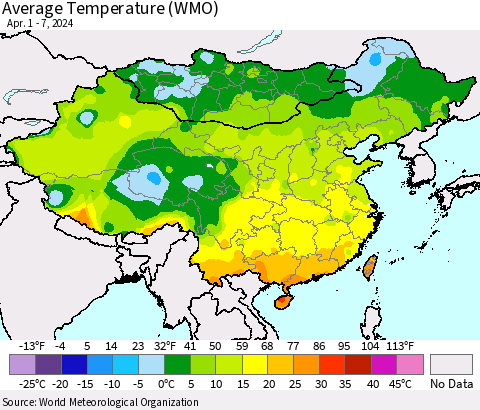 China, Mongolia and Taiwan Average Temperature (WMO) Thematic Map For 4/1/2024 - 4/7/2024
