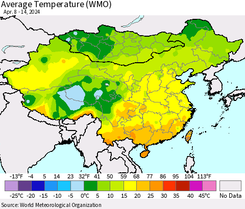 China, Mongolia and Taiwan Average Temperature (WMO) Thematic Map For 4/8/2024 - 4/14/2024