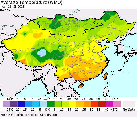China, Mongolia and Taiwan Average Temperature (WMO) Thematic Map For 4/15/2024 - 4/21/2024