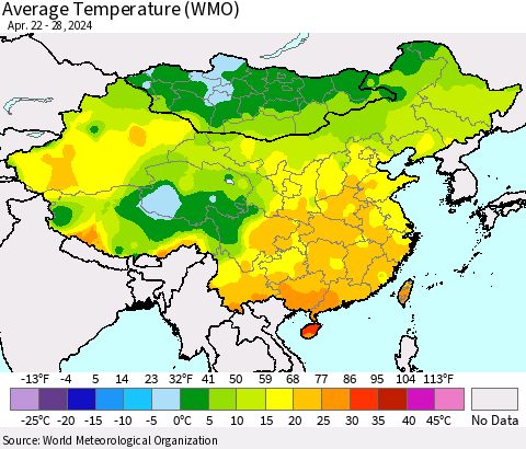 China, Mongolia and Taiwan Average Temperature (WMO) Thematic Map For 4/22/2024 - 4/28/2024