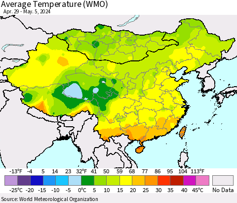 China, Mongolia and Taiwan Average Temperature (WMO) Thematic Map For 4/29/2024 - 5/5/2024